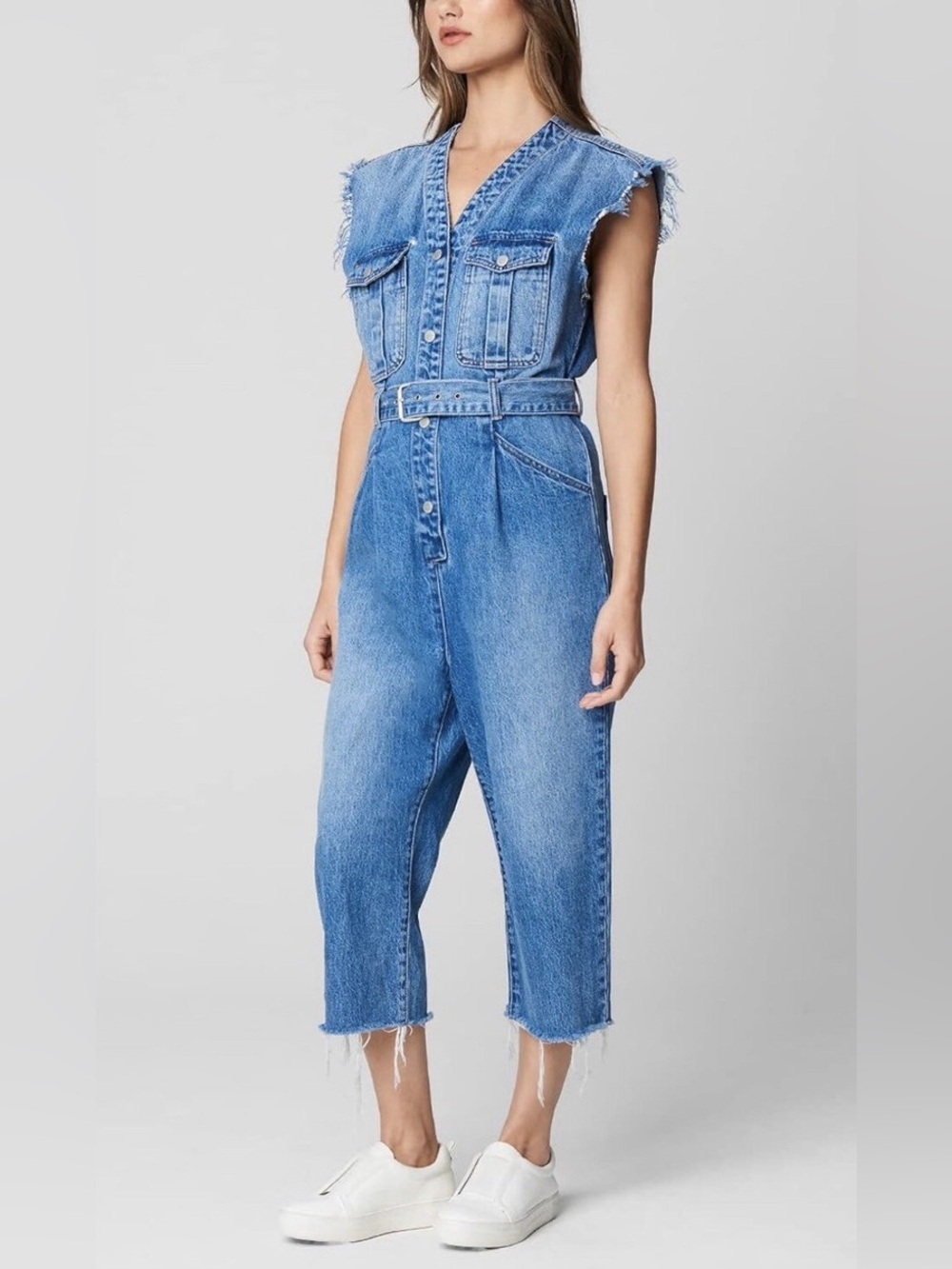 BLANK NYC Sleeveless Cropped Denim Jumpsuit / Romper with Belt - Size S